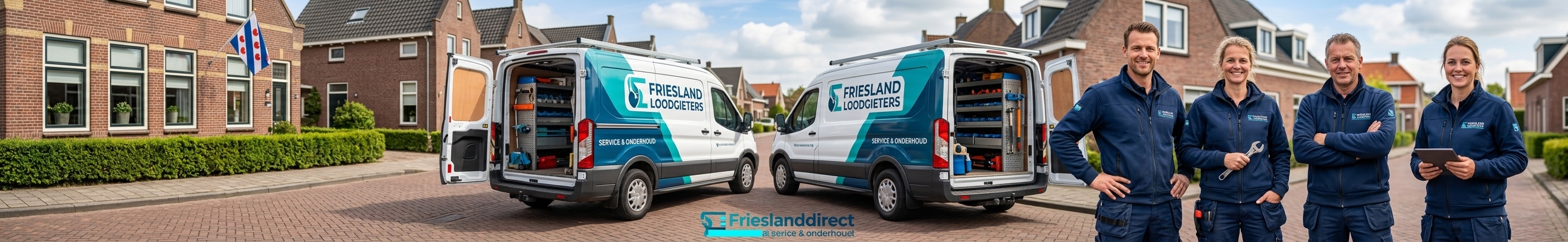 Het team van Loodgieters Friesland Direct bij hun bedrijfsbussen
